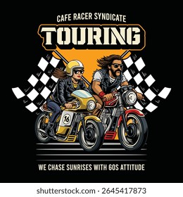 Two bikers ride cafe racer motorcycles with bold typography and sunset retro background design
