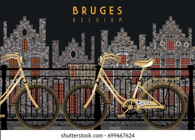 Two bikes on the background of old houses in Bruges, Belgium. Handmade drawing vector. All buildings - customizable different objects. Vintage style.