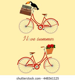 Two bikes with toucan, suitcases and roses. Vector illustration.