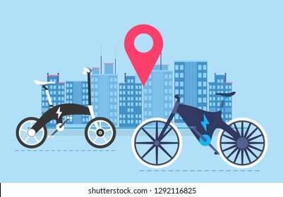 Two bikes white, blue and black. Electric Bike. Bicycle sign for web or print in flat design. blue background with big city and geolocation icon on background. Vector illustration.