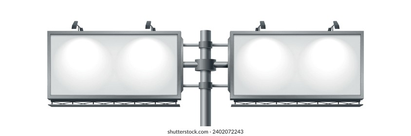 Two billboards on single pole lit by projectors realistic vector illustration. Outdoors advertising 3d panels for business isolated on white background