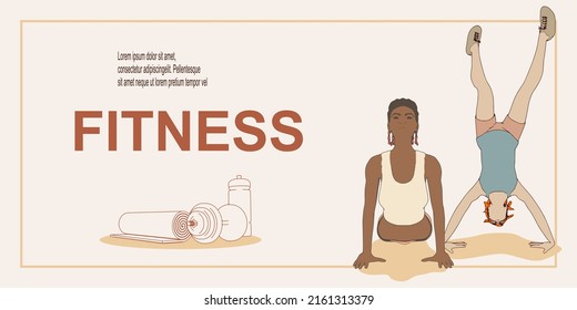 Two biracial fitness women. Sport banner. Young women wearing workout clothes. Sport fashion girl outline in urban casual style.