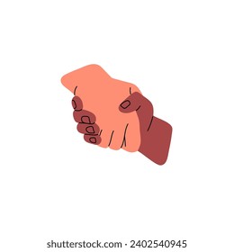 Two biracial hands in greeting gesture. People handshake, give promise, agreement. Business teamwork. Interracial partnership, friendship concept. Flat isolated vector illustration on white background