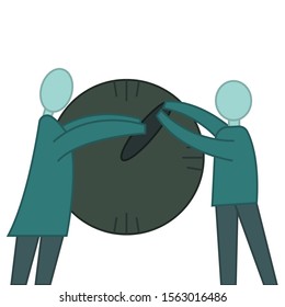 Two birch men turn the arrow on the clock to transfer the time thermometer on the plate isolated on a white background vector