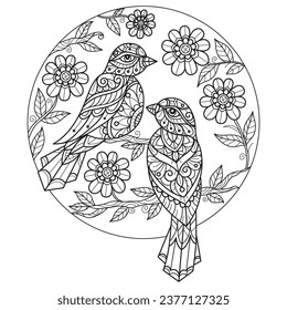 Two bird in circle flowers hand drawn for adult coloring book