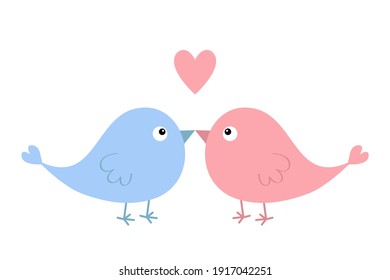 Two bird couple. Cute heart. Pink and blue color. Love Greeting card. Happy Valentines Day. Sticker print. Cartoon kawaii funny baby character. Flat design. White background. Isolated. Vector