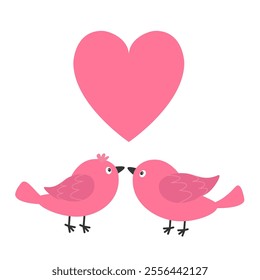 Two bird couple. Cute pink big heart. Love Greeting card. Happy Valentines Day. Sticker print. Cartoon kawaii funny baby character. Flat design. White background. Isolated. Vector