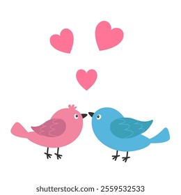 Two bird couple. Pink and blue color. Cute flying heart. Love Greeting card. Happy Valentines Day. Sticker print. Cartoon kawaii funny baby character. Flat design. White background. Isolated. Vector