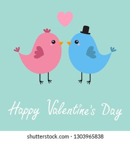Two bird couple. Pink heart. Happy Valentines Day. Love Greeting card. Boy, girl. Black hat. Cute cartoon kawaii baby character. Flat design Blue background Vector illustration