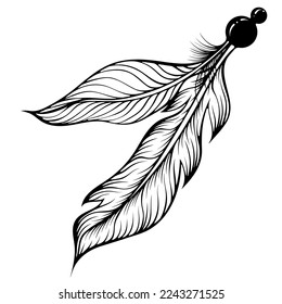 Two bird feathers with a bead. Boho style. Vector illustration in line art hand drawn style isolated on white. Sketch for tattoo, coloring book page, invitations, logo, label