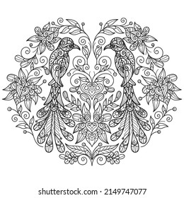 Zwei Vögel und Blumen, handgezeichnet für das Farbbuch für Erwachsene