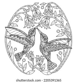 Two bird and flowers hand drawn for adult coloring book