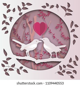 two bird with heart on tree branch in forest in the pink background as Paper art carve ,love, valentine, origami nature and animals idea concept, vector art and illustration.