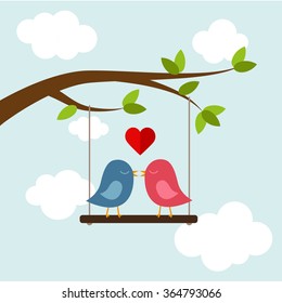 Two bird kissing on the swing. Vector illustrations