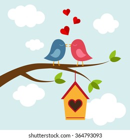Two bird kissing on the tree. Vector illustrations
