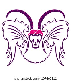 Two bird in love, chained together with a skull to represent love till death.