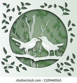 two bird on tree branch in forest in the morning as Paper art carve , origami nature and animals idea concept, vector art and illustration.