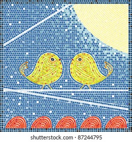 Two bird on a wire in the moon light, mosaic background