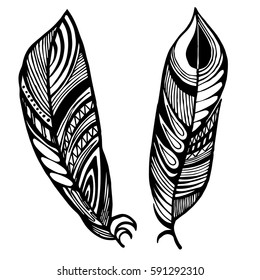 Two bird vector graphic black-and-white feather, isolated on a white background