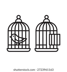 Dos jaulas para pájaros, una con un pájaro presentado en un estilo de arte de línea monocromática simple