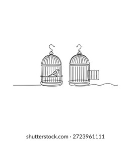 Dos jaulas para pájaros, una abierta con un pájaro volando hacia el estilo de arte de la línea de la libertad