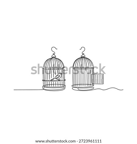 Two birdcages one open with a bird flying towards freedom line art style