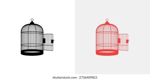 Two birdcages with open doors in black and red bird cage