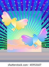 two birds against a background representing the dawn