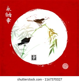 Two birds and bamboo branch in white cirlce on red background. Traditional Japanese ink painting sumi-e, u-sin, go-hua. Hieroglyphs - eternity, freedom, happiness