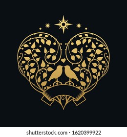Two birds in the branches in the shape of a heart. Vector hand drawn illustration