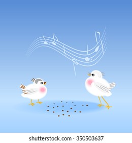 Two birds bullfinch peck grain and sing a song. Bullfinch male courts the female, sings and spreads its wings