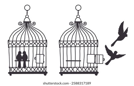 Two birds in cage. Black silhouette vintage birdcages. Birdie perch. Fly out of trap. Enclosed canary. Open or closed wire prison. Parrots escape. Animals flight. Vector