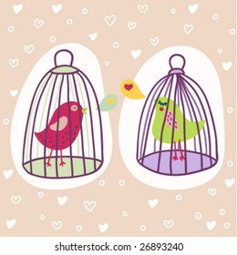 two birds in cages - romantic cartoon illustration in vector