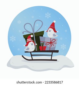 Two birds carry Christmas gifts on a sleigh - winter vector illustration in a cute style for the new year, Сhristmas . Postcard, invitation, decoration.