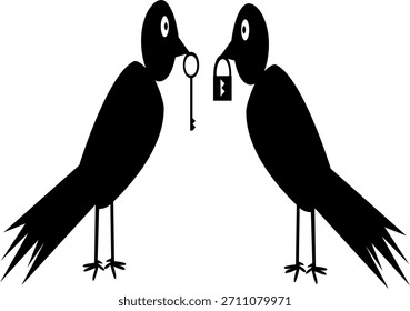 Dois pássaros carregando uma chave e fechadura, simbolizando conexão, confiança e temas de relacionamento.