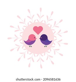 two birds in the center of a frame made of leaves. couple of birds in love opposite each other. vector illustration, eps 10.