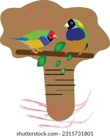 Two birds chirping sitting on the branch of an exotic tree Vector Icon. Silhouette of two birds.