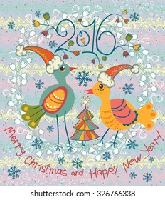 Two birds in Christmas cap. Beautiful holiday card. Merry Christmas and Happy New Year!