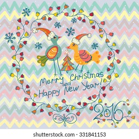 Two birds in Christmas cap and Christmas wreath. Beautiful holiday card.
Merry Christmas and Happy New Year!
