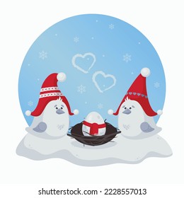 Two birds in Christmas caps with an egg in the nest - winter vector illustration in a cute style for the new year, christmas, the birth of a child in winter, valentine's day