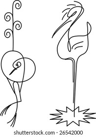 Two birds. Crane and  heron. Stylization. Are drawn by one line. There is vector variant of drawing.