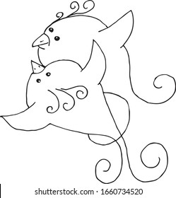 dos pájaros bailando en vuelo con colas torcidas.  ilustración vectorial en blanco y negro, adecuada para ser adoptada en tela, papel, elemento de patrón, decoración primaveral, logotipo, libros infantiles