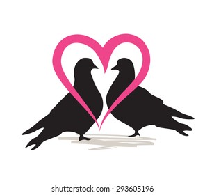 two birds doves isolated silhouette. Love heart greeting card design
