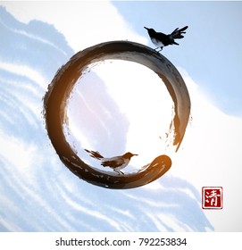 Two birds, enso zen circle and blue sky with white clouds. Hieroglyph - clarity. Traditional oriental ink painting sumi-e, u-sin, go-hua.
