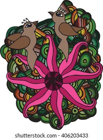 Two birds with exotic flower. Hand drawn abstract picture. For greeting, invitation and other card.