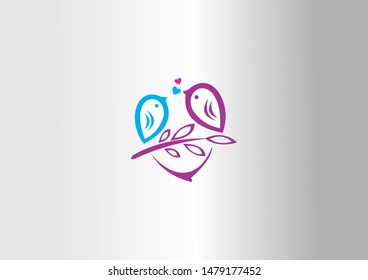Two birds face each other on a heart-shaped branch with pink hearts, expressing love and connection.