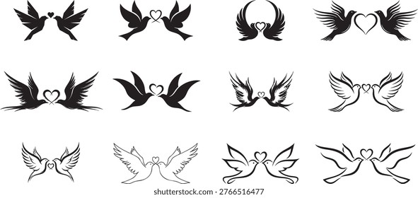 Two birds facing each other in flight silhouettes collection, love birds smooth curves and precise geometric shapes, stylized doves with heart vector art.
