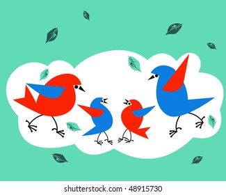 Two birds feed the small nestlings