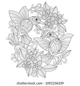 Two birds and flower. Zentangle stylized cartoon isolated on white background. Hand drawn sketch illustration for adult coloring book.