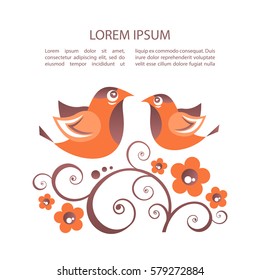 Two birds and flowers pattern isolated on white background. Valentine's Day vector illustration. Flat design. Design elements for greeting cards and etc.